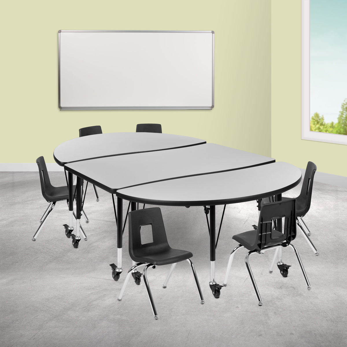 Flash Furniture XU-GRP-12CH-A3048CON-48-GY-T-P-CAS-GG Mobile 76" Oval Wave Activity Table Set-12" Student Stack Chairs, Grey/Black (Grey Top/Black Frame) - View 2