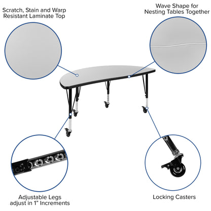 Flash Furniture XU-GRP-12CH-A3048CON-48-GY-T-P-CAS-GG Mobile 76" Oval Wave Activity Table Set-12" Student Stack Chairs, Grey/Black (Grey Top/Black Frame) - View 3