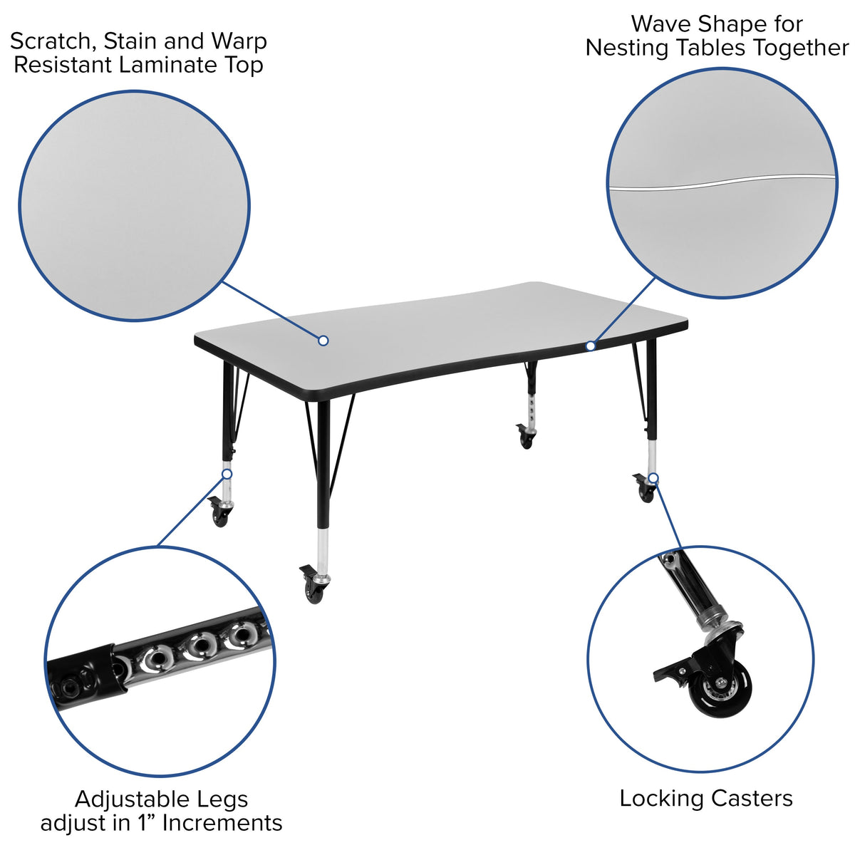 Flash Furniture XU-GRP-12CH-A3048CON-48-GY-T-P-CAS-GG Mobile 76" Oval Wave Activity Table Set-12" Student Stack Chairs, Grey/Black (Grey Top/Black Frame) - View 4