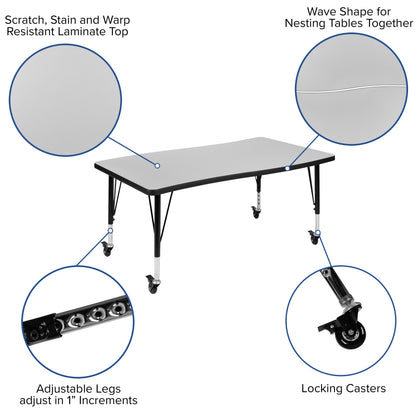 Flash Furniture XU-GRP-12CH-A3048CON-48-GY-T-P-CAS-GG Mobile 76" Oval Wave Activity Table Set-12" Student Stack Chairs, Grey/Black (Grey Top/Black Frame) - View 4