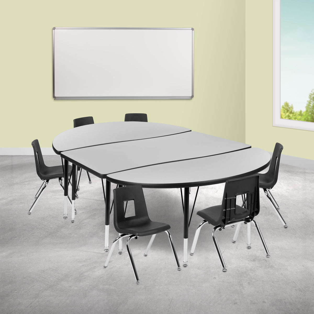 Flash Furniture XU-GRP-12CH-A3048CON-48-GY-T-P-GG 76" Oval Wave Activity Table Set with 12" Student Stack Chairs, Grey/Black (Grey Top/Black Frame) - View 2