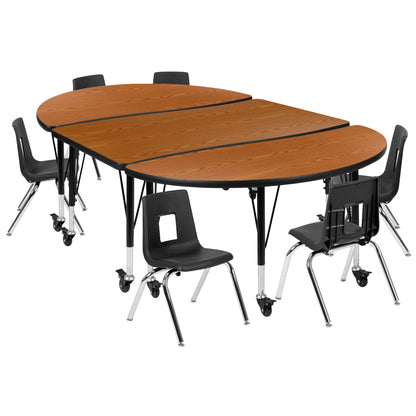 Flash Furniture XU-GRP-12CH-A3048CON-48-OAK-T-P-CAS-GG Mobile 76" Oval Wave Activity Table Set-12" Student Stack Chairs, Oak/Black (Oak Top/Black Frame) - Main view
