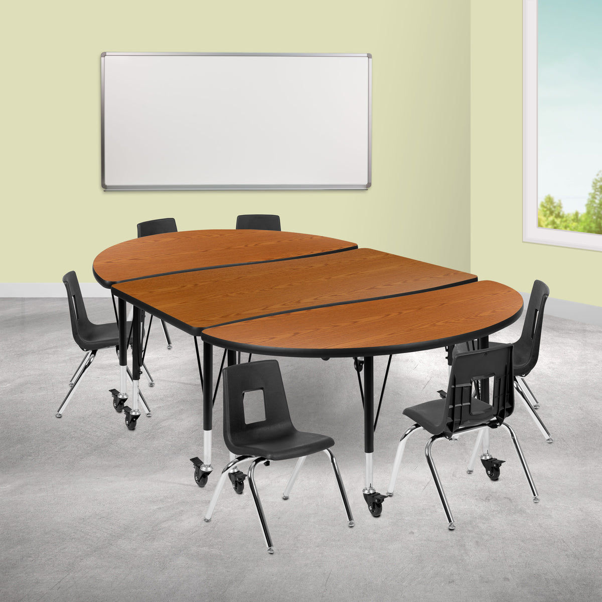 Flash Furniture XU-GRP-12CH-A3048CON-48-OAK-T-P-CAS-GG Mobile 76" Oval Wave Activity Table Set-12" Student Stack Chairs, Oak/Black (Oak Top/Black Frame) - View 2
