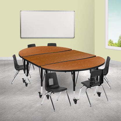Flash Furniture XU-GRP-12CH-A3048CON-48-OAK-T-P-CAS-GG Mobile 76" Oval Wave Activity Table Set-12" Student Stack Chairs, Oak/Black (Oak Top/Black Frame) - View 2