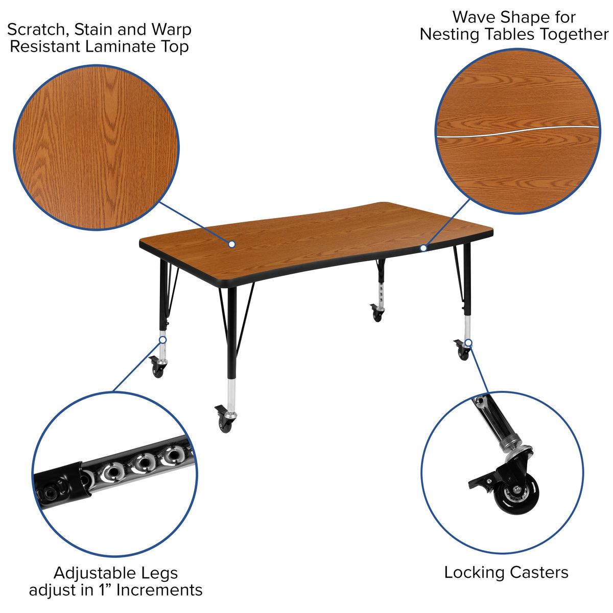 Flash Furniture XU-GRP-12CH-A3048CON-48-OAK-T-P-CAS-GG Mobile 76" Oval Wave Activity Table Set-12" Student Stack Chairs, Oak/Black (Oak Top/Black Frame) - View 4