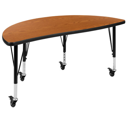 Flash Furniture XU-GRP-12CH-A3048CON-48-OAK-T-P-CAS-GG Mobile 76" Oval Wave Activity Table Set-12" Student Stack Chairs, Oak/Black (Oak Top/Black Frame) - View 10