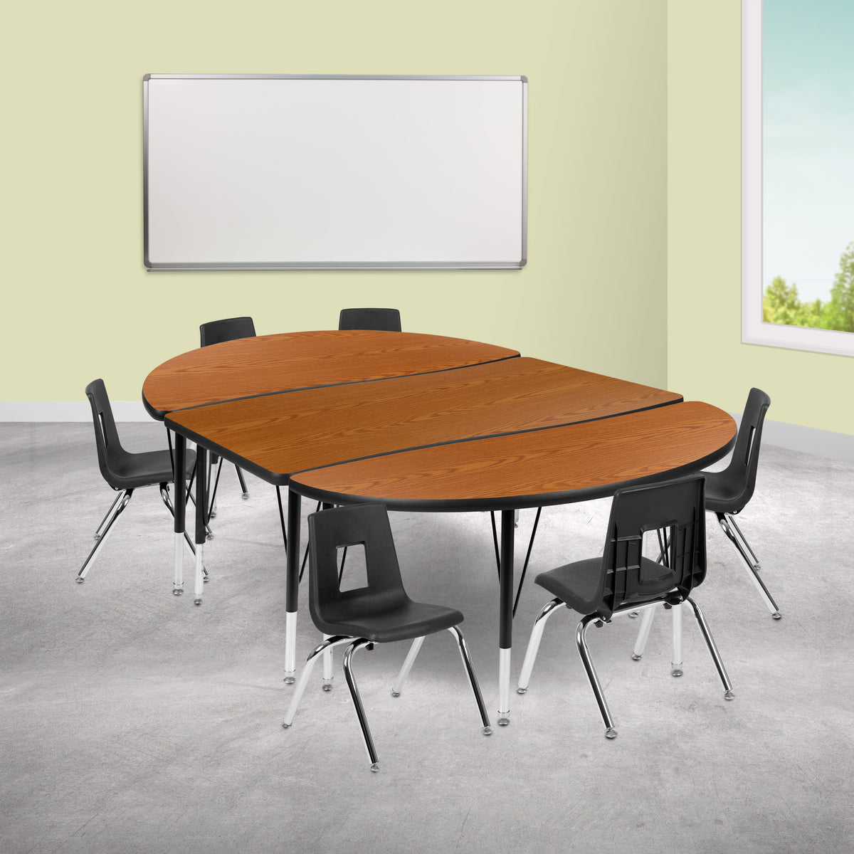 Flash Furniture XU-GRP-12CH-A3048CON-48-OAK-T-P-GG 76" Oval Wave Activity Table Set with 12" Student Stack Chairs, Oak/Black (Oak Top/Black Frame) - View 2