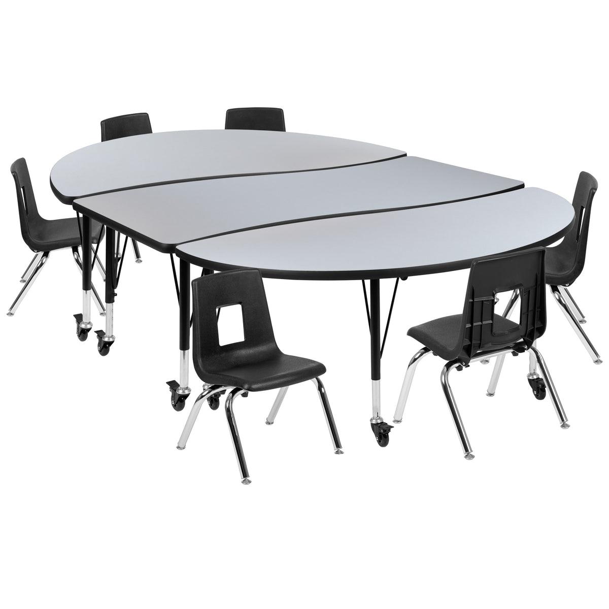 Flash Furniture XU-GRP-12CH-A3060CON-60-GY-T-P-CAS-GG Mobile 86" Oval Wave Activity Table Set-12" Student Stack Chairs, Grey/Black (Grey Top/Black Frame) - Main view