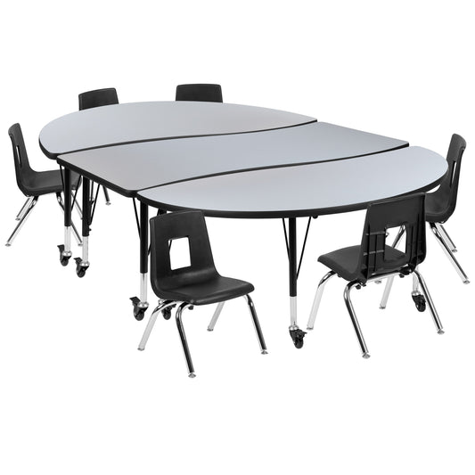 Flash Furniture XU-GRP-12CH-A3060CON-60-GY-T-P-CAS-GG Mobile 86" Oval Wave Activity Table Set-12" Student Stack Chairs, Grey/Black (Grey Top/Black Frame) - Main view