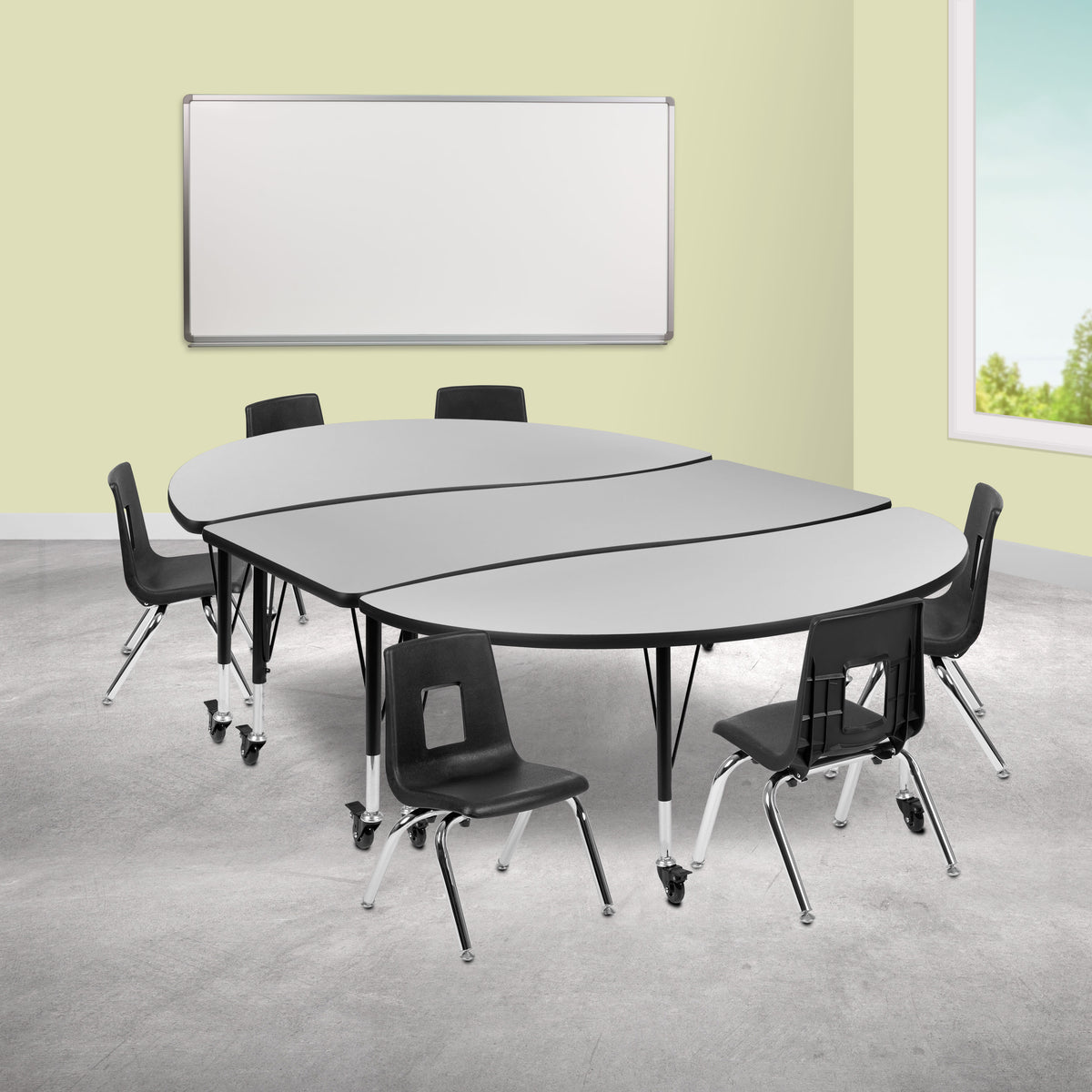 Flash Furniture XU-GRP-12CH-A3060CON-60-GY-T-P-CAS-GG Mobile 86" Oval Wave Activity Table Set-12" Student Stack Chairs, Grey/Black (Grey Top/Black Frame) - View 2