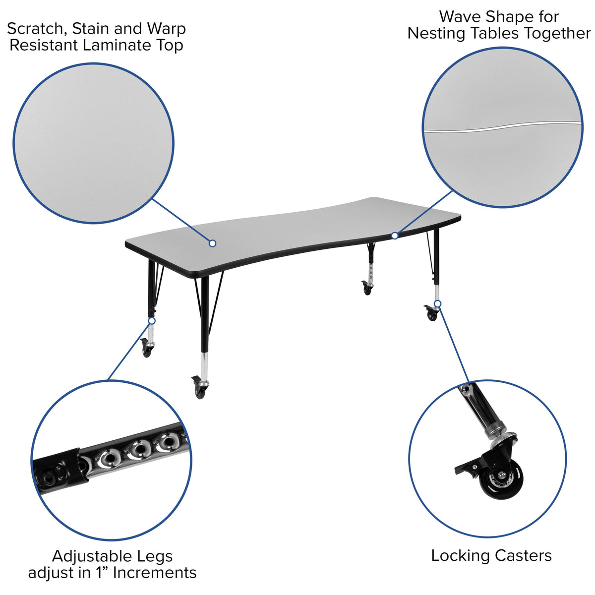 Flash Furniture XU-GRP-12CH-A3060CON-60-GY-T-P-CAS-GG Mobile 86" Oval Wave Activity Table Set-12" Student Stack Chairs, Grey/Black (Grey Top/Black Frame) - View 4