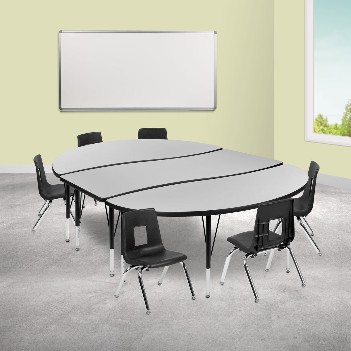 Flash Furniture XU-GRP-12CH-A3060CON-60-GY-T-P-GG 86" Oval Wave Activity Table Set with 12" Student Stack Chairs, Grey/Black (Grey Top/Black Frame) - View 2