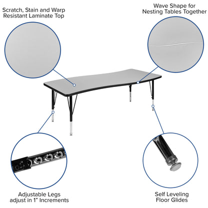 Flash Furniture XU-GRP-12CH-A3060CON-60-GY-T-P-GG 86" Oval Wave Activity Table Set with 12" Student Stack Chairs, Grey/Black (Grey Top/Black Frame) - View 4