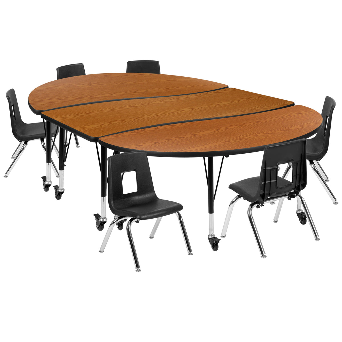 Flash Furniture XU-GRP-12CH-A3060CON-60-OAK-T-P-CAS-GG Mobile 86" Oval Wave Activity Table Set-12" Student Stack Chairs, Oak/Black (Oak Top/Black Frame) - Main view