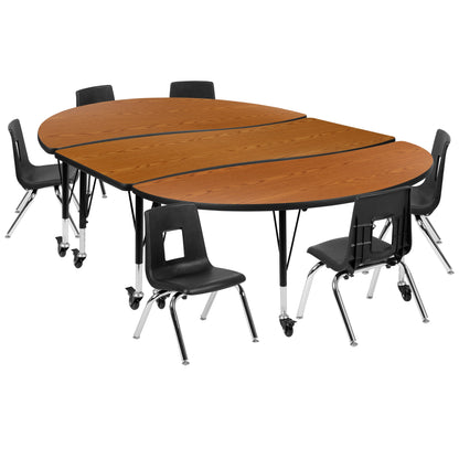 Flash Furniture XU-GRP-12CH-A3060CON-60-OAK-T-P-CAS-GG Mobile 86" Oval Wave Activity Table Set-12" Student Stack Chairs, Oak/Black (Oak Top/Black Frame) - Main view