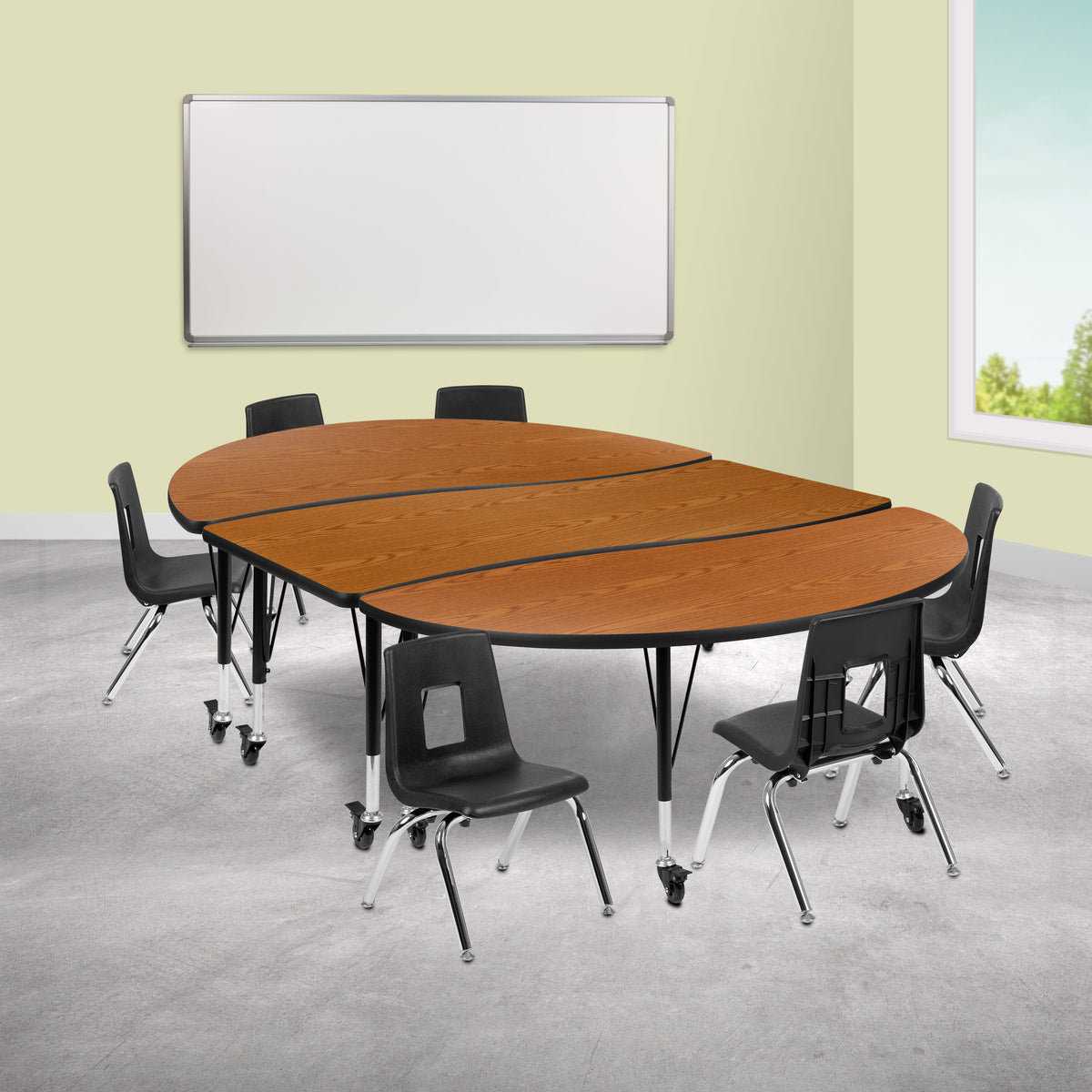 Flash Furniture XU-GRP-12CH-A3060CON-60-OAK-T-P-CAS-GG Mobile 86" Oval Wave Activity Table Set-12" Student Stack Chairs, Oak/Black (Oak Top/Black Frame) - View 2