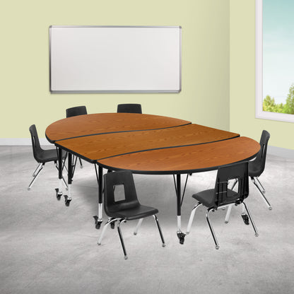 Flash Furniture XU-GRP-12CH-A3060CON-60-OAK-T-P-CAS-GG Mobile 86" Oval Wave Activity Table Set-12" Student Stack Chairs, Oak/Black (Oak Top/Black Frame) - View 2