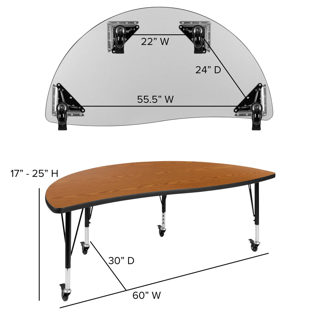 Flash Furniture XU-GRP-12CH-A3060CON-60-OAK-T-P-CAS-GG Mobile 86" Oval Wave Activity Table Set-12" Student Stack Chairs, Oak/Black (Oak Top/Black Frame) - View 6