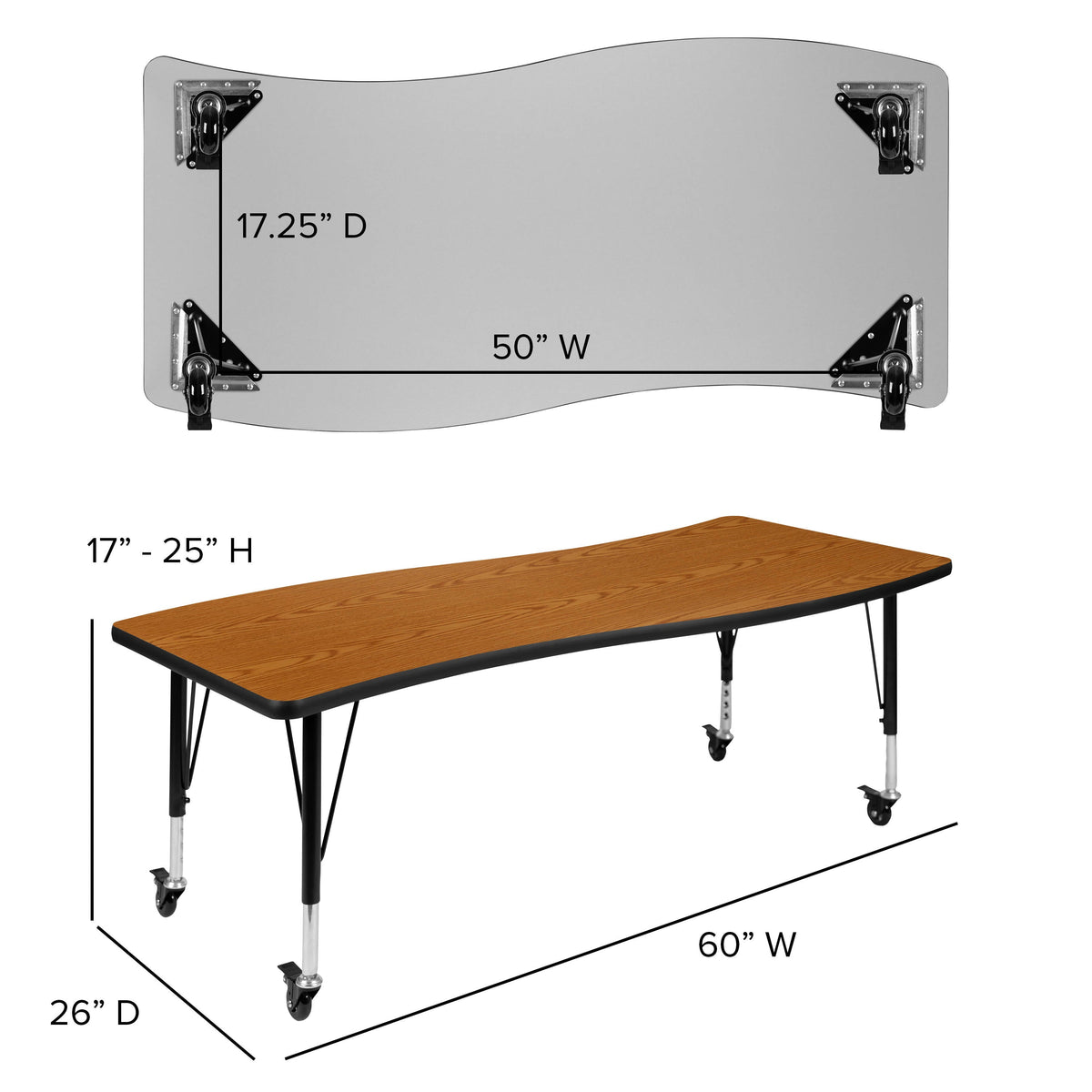 Flash Furniture XU-GRP-12CH-A3060CON-60-OAK-T-P-CAS-GG Mobile 86" Oval Wave Activity Table Set-12" Student Stack Chairs, Oak/Black (Oak Top/Black Frame) - View 7