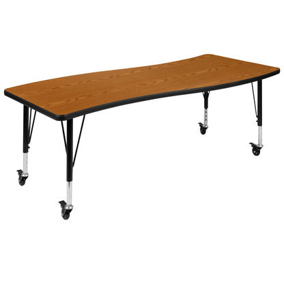 Flash Furniture XU-GRP-12CH-A3060CON-60-OAK-T-P-CAS-GG Mobile 86" Oval Wave Activity Table Set-12" Student Stack Chairs, Oak/Black (Oak Top/Black Frame) - View 11