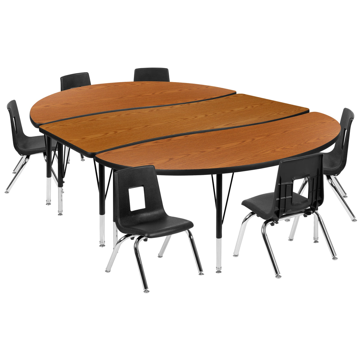 Flash Furniture XU-GRP-12CH-A3060CON-60-OAK-T-P-GG 86" Oval Wave Activity Table Set with 12" Student Stack Chairs, Oak/Black (Oak Top/Black Frame) - Main view