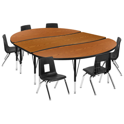 Flash Furniture XU-GRP-12CH-A3060CON-60-OAK-T-P-GG 86" Oval Wave Activity Table Set with 12" Student Stack Chairs, Oak/Black (Oak Top/Black Frame) - Main view