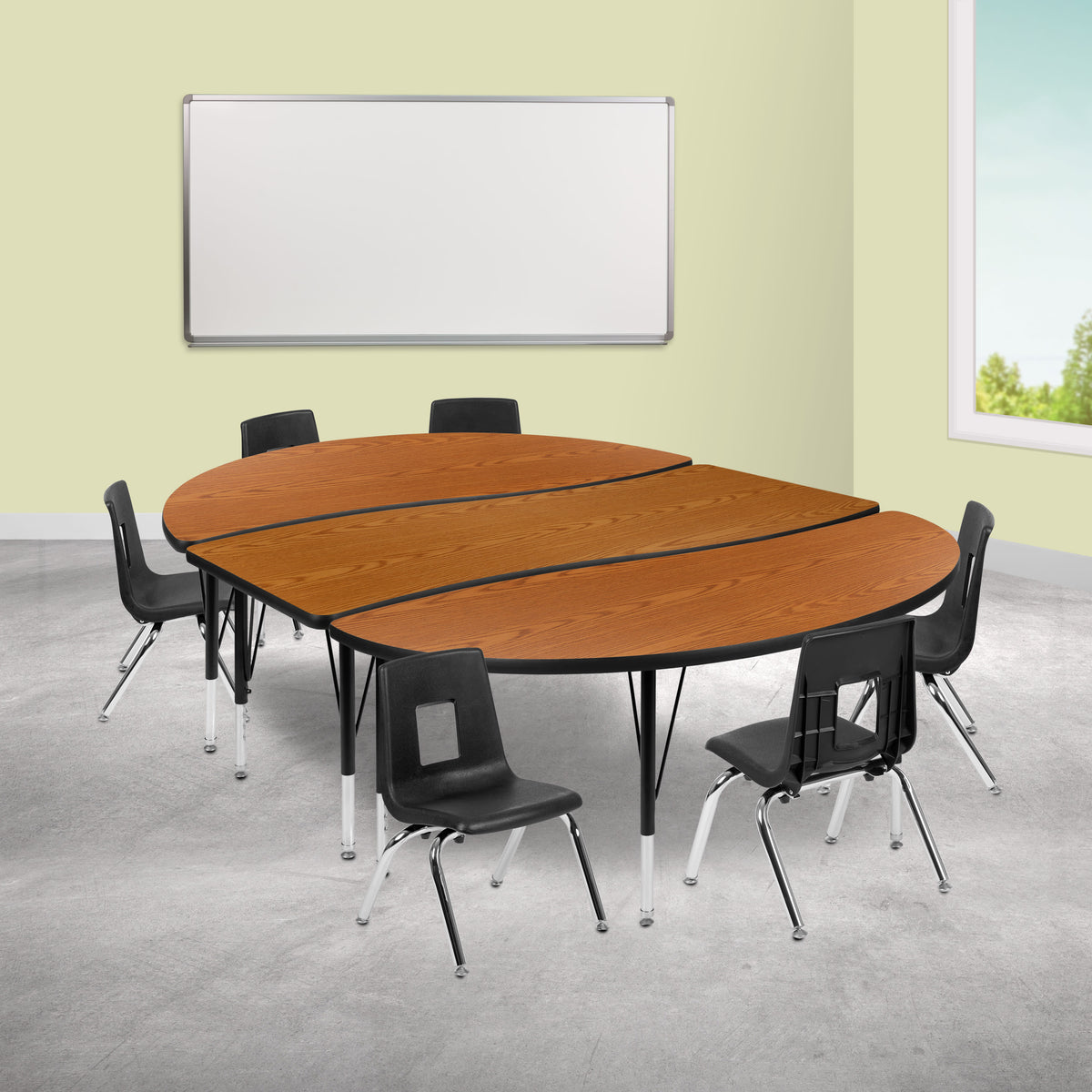 Flash Furniture XU-GRP-12CH-A3060CON-60-OAK-T-P-GG 86" Oval Wave Activity Table Set with 12" Student Stack Chairs, Oak/Black (Oak Top/Black Frame) - View 2