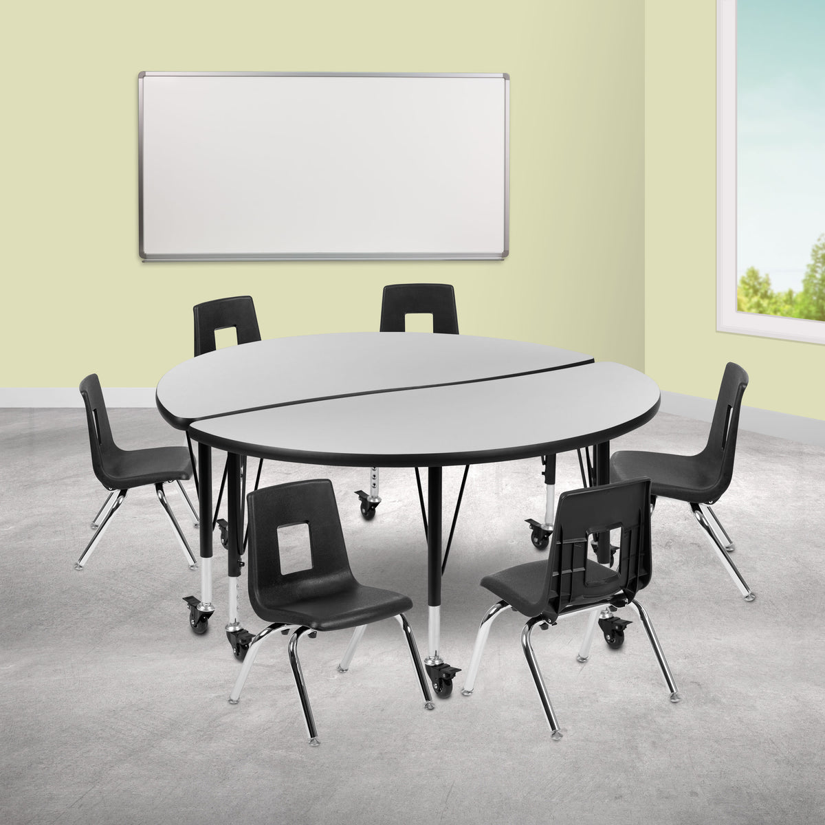 Flash Furniture XU-GRP-12CH-A48-HCIRC-GY-T-P-CAS-GG Mobile 47.5" Circle Wave Activity Table Set-12" Student Stack Chairs, Grey/Black (Grey Top/Black Frame) - View 2