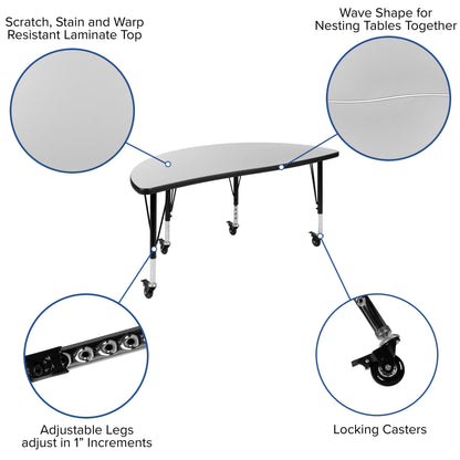 Flash Furniture XU-GRP-12CH-A48-HCIRC-GY-T-P-CAS-GG Mobile 47.5" Circle Wave Activity Table Set-12" Student Stack Chairs, Grey/Black (Grey Top/Black Frame) - View 3