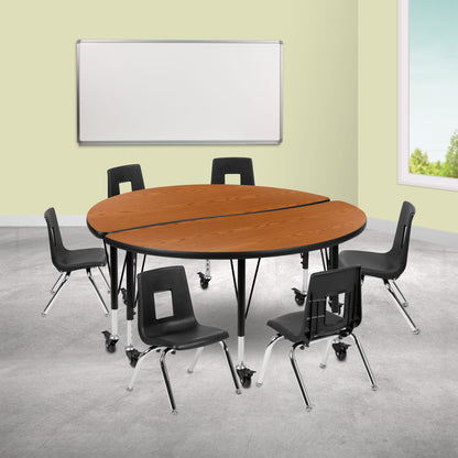 Flash Furniture XU-GRP-12CH-A48-HCIRC-OAK-T-P-CAS-GG Mobile 47.5" Circle Wave Activity Table Set-12" Student Stack Chairs, Oak/Black (Oak Top/Black Frame) - View 2
