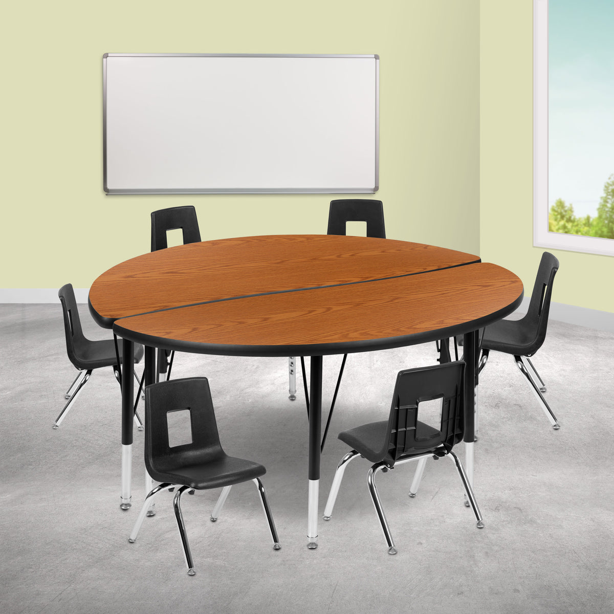 Flash Furniture XU-GRP-12CH-A48-HCIRC-OAK-T-P-GG 47.5" Circle Wave Activity Table Set with 12" Student Stack Chairs, Oak/Black (Oak Top/Black Frame) - View 2