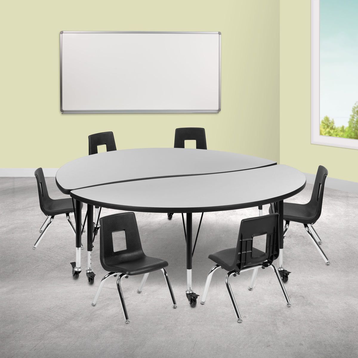 Flash Furniture XU-GRP-12CH-A60-HCIRC-GY-T-P-CAS-GG Mobile 60" Circle Wave Activity Table Set-12" Student Stack Chairs, Grey/Black (Grey Top/Black Frame) - View 2