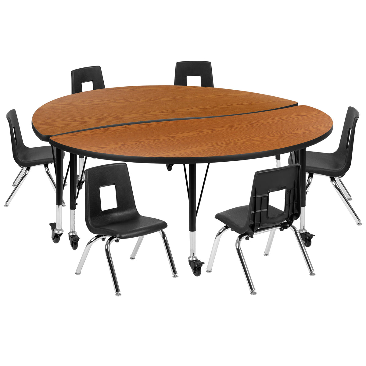 Flash Furniture XU-GRP-12CH-A60-HCIRC-OAK-T-P-CAS-GG Mobile 60" Circle Wave Activity Table Set-12" Student Stack Chairs, Oak/Black (Oak Top/Black Frame) - Main view