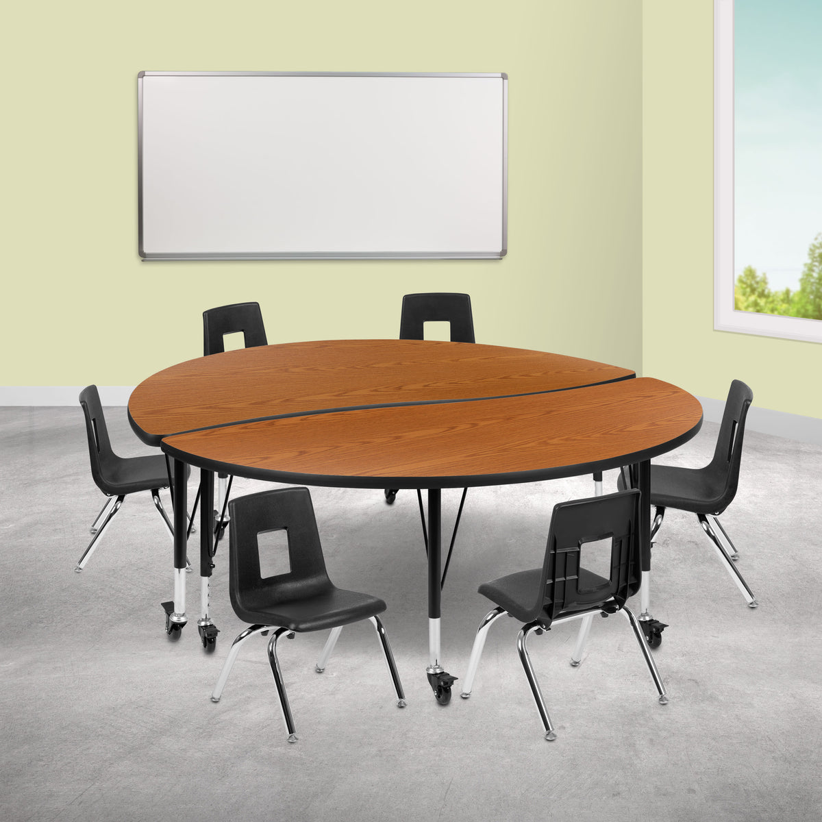 Flash Furniture XU-GRP-12CH-A60-HCIRC-OAK-T-P-CAS-GG Mobile 60" Circle Wave Activity Table Set-12" Student Stack Chairs, Oak/Black (Oak Top/Black Frame) - View 2