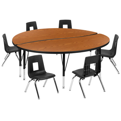 Flash Furniture XU-GRP-12CH-A60-HCIRC-OAK-T-P-GG 60" Circle Wave Activity Table Set with 12" Student Stack Chairs, Oak/Black (Oak Top/Black Frame) - Main view