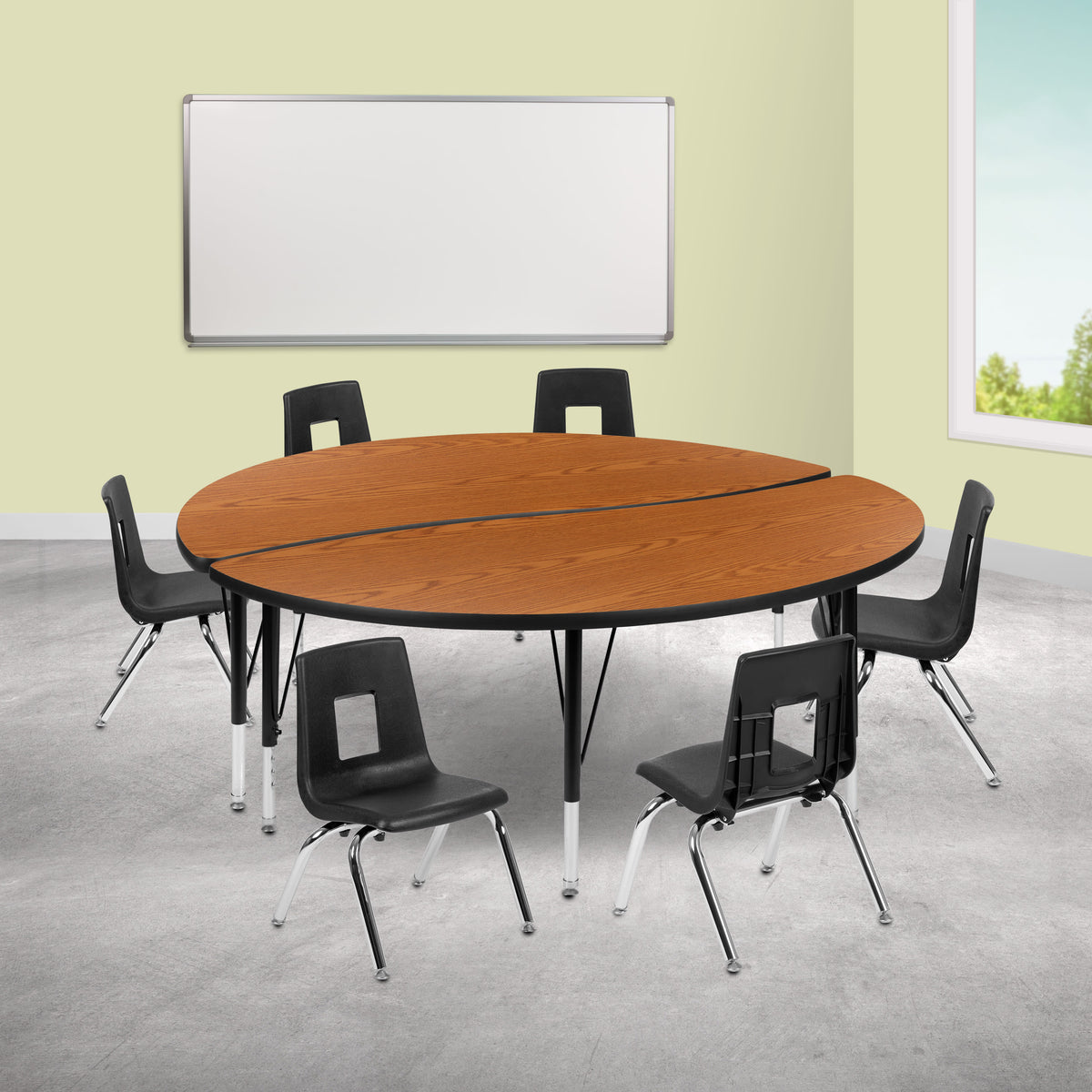 Flash Furniture XU-GRP-12CH-A60-HCIRC-OAK-T-P-GG 60" Circle Wave Activity Table Set with 12" Student Stack Chairs, Oak/Black (Oak Top/Black Frame) - View 2
