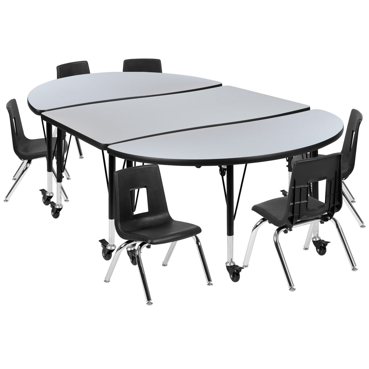 Flash Furniture XU-GRP-14CH-A3048CON-48-GY-T-P-CAS-GG Mobile 76" Oval Wave Activity Table Set-14" Student Stack Chairs, Grey/Black (Grey Top/Black Frame) - Main view