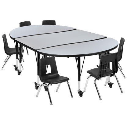 Flash Furniture XU-GRP-14CH-A3048CON-48-GY-T-P-CAS-GG Mobile 76" Oval Wave Activity Table Set-14" Student Stack Chairs, Grey/Black (Grey Top/Black Frame) - Main view