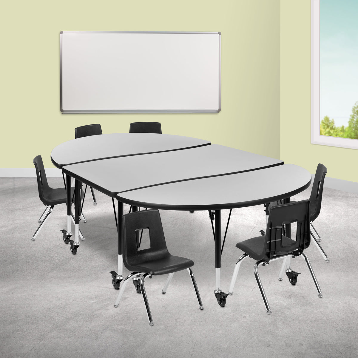 Flash Furniture XU-GRP-14CH-A3048CON-48-GY-T-P-CAS-GG Mobile 76" Oval Wave Activity Table Set-14" Student Stack Chairs, Grey/Black (Grey Top/Black Frame) - View 2