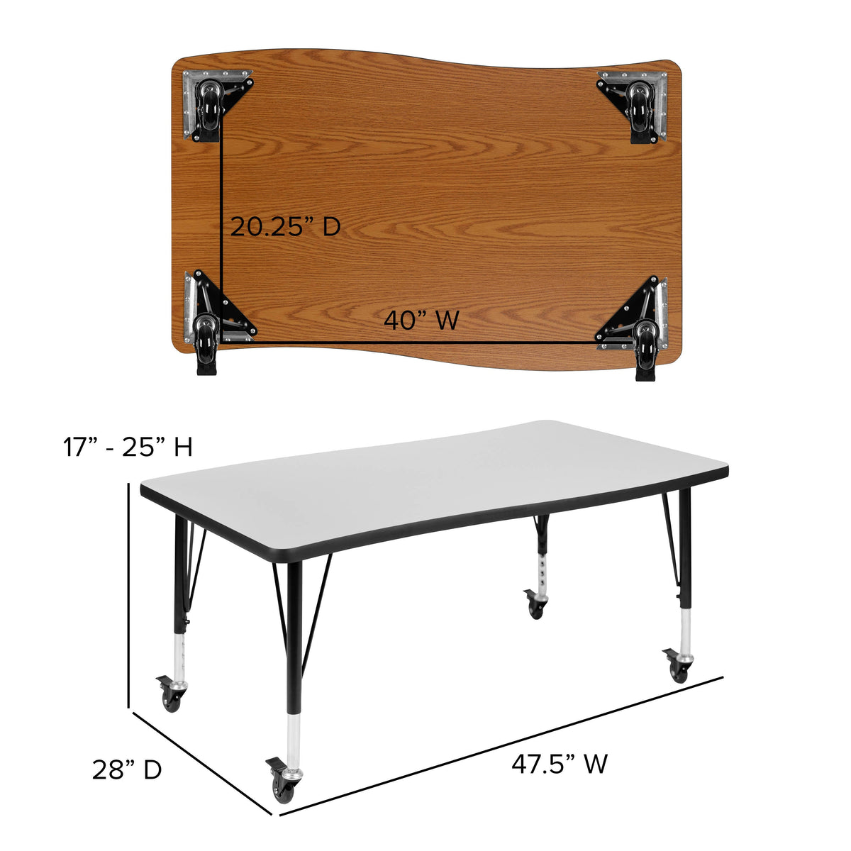 Flash Furniture XU-GRP-14CH-A3048CON-48-GY-T-P-CAS-GG Mobile 76" Oval Wave Activity Table Set-14" Student Stack Chairs, Grey/Black (Grey Top/Black Frame) - View 7