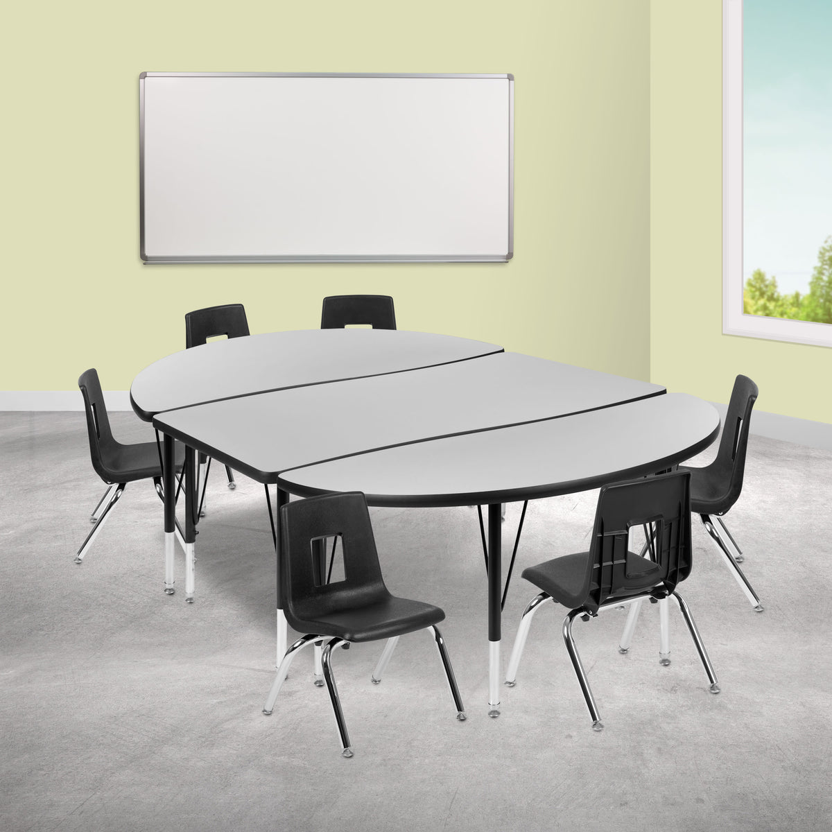 Flash Furniture XU-GRP-14CH-A3048CON-48-GY-T-P-GG 76" Oval Wave Activity Table Set with 14" Student Stack Chairs, Grey/Black (Grey Top/Black Frame) - View 2