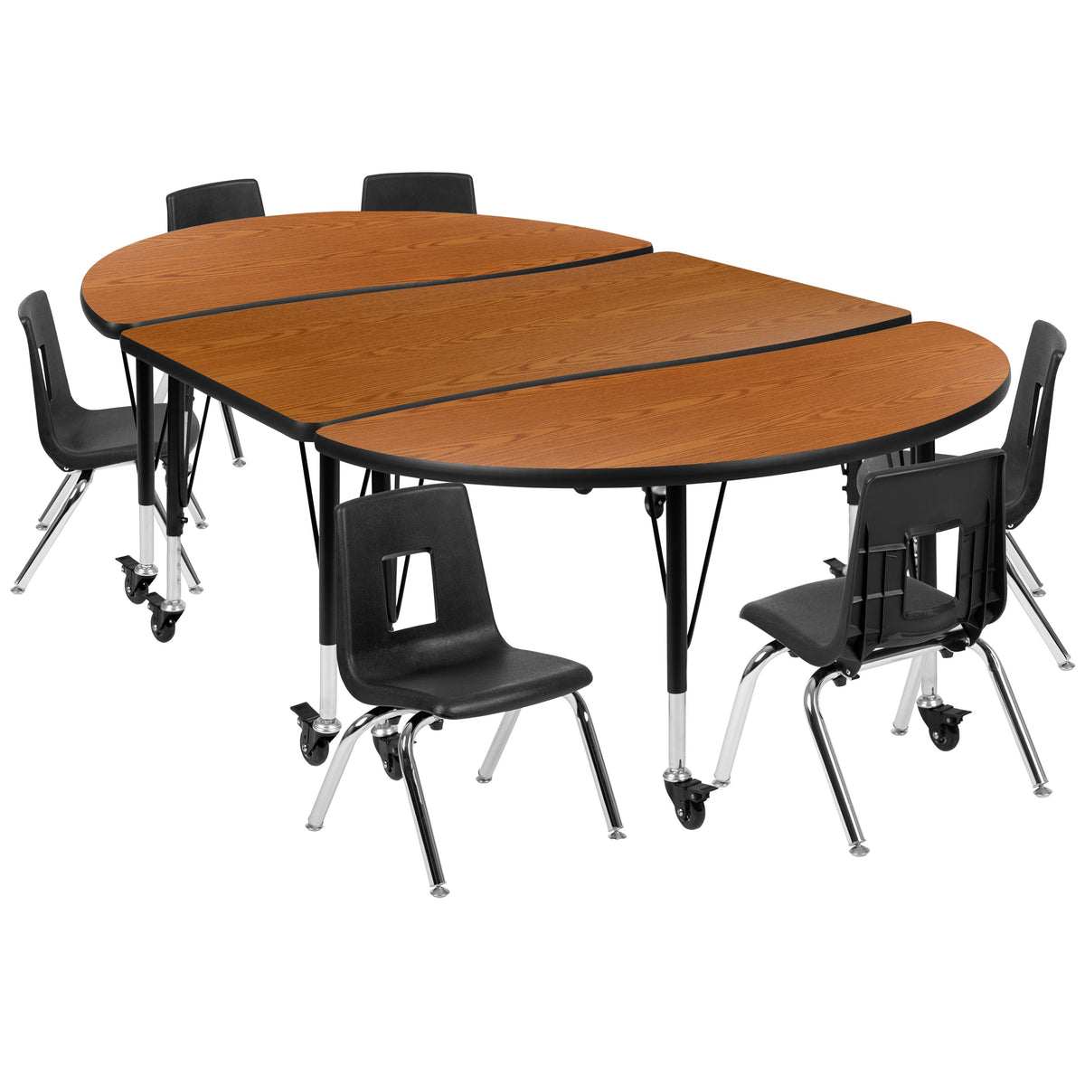 Flash Furniture XU-GRP-14CH-A3048CON-48-OAK-T-P-CAS-GG Mobile 76" Oval Wave Activity Table Set-14" Student Stack Chairs, Oak/Black (Oak Top/Black Frame) - Main view