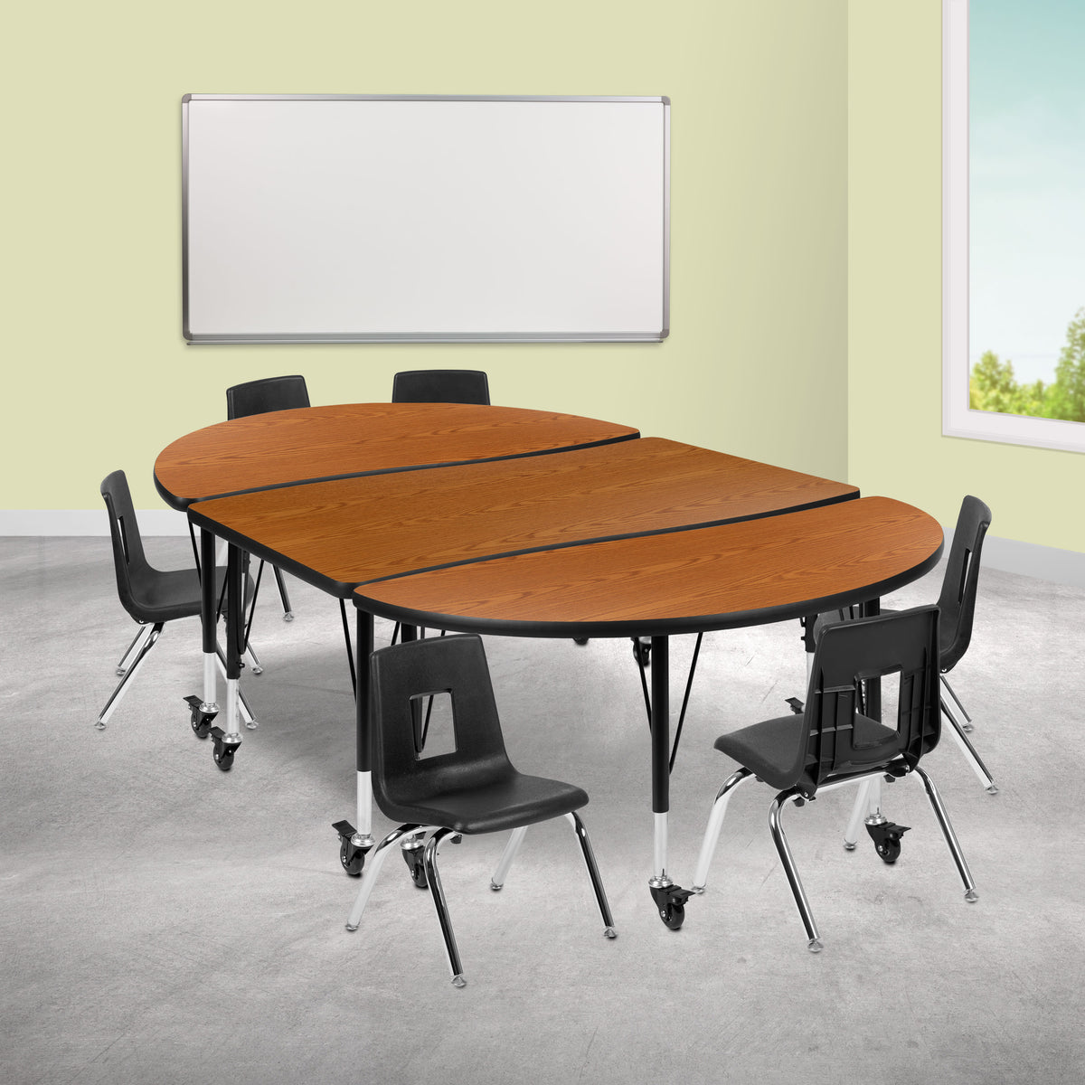 Flash Furniture XU-GRP-14CH-A3048CON-48-OAK-T-P-CAS-GG Mobile 76" Oval Wave Activity Table Set-14" Student Stack Chairs, Oak/Black (Oak Top/Black Frame) - View 2