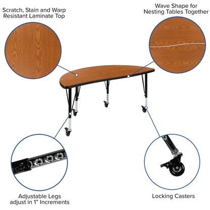 Flash Furniture XU-GRP-14CH-A3048CON-48-OAK-T-P-CAS-GG Mobile 76" Oval Wave Activity Table Set-14" Student Stack Chairs, Oak/Black (Oak Top/Black Frame) - View 3