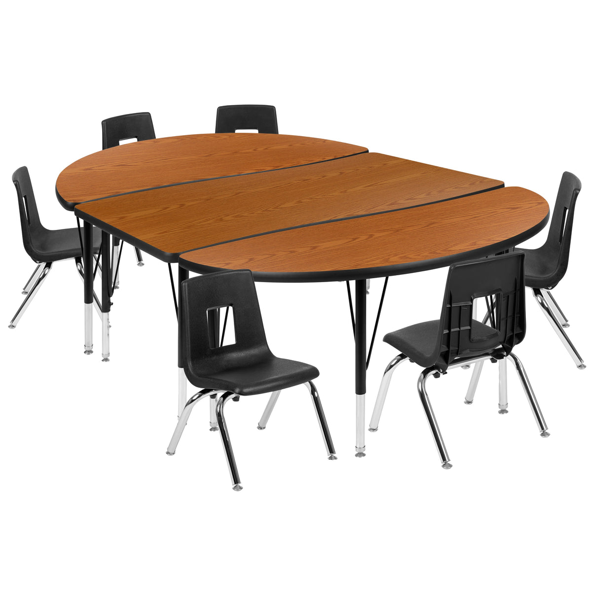 Flash Furniture XU-GRP-14CH-A3048CON-48-OAK-T-P-GG 76" Oval Wave Activity Table Set with 14" Student Stack Chairs, Oak/Black (Oak Top/Black Frame) - Main view