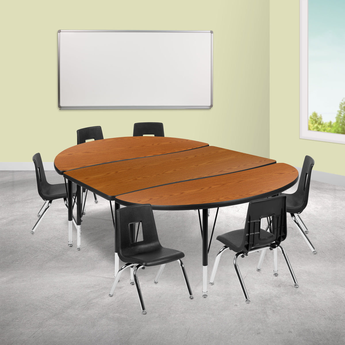Flash Furniture XU-GRP-14CH-A3048CON-48-OAK-T-P-GG 76" Oval Wave Activity Table Set with 14" Student Stack Chairs, Oak/Black (Oak Top/Black Frame) - View 2
