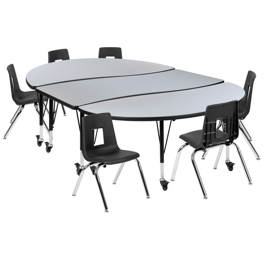 Flash Furniture XU-GRP-14CH-A3060CON-60-GY-T-P-CAS-GG Mobile 86" Oval Wave Activity Table Set-14" Student Stack Chairs, Grey/Black (Grey Top/Black Frame) - Main view