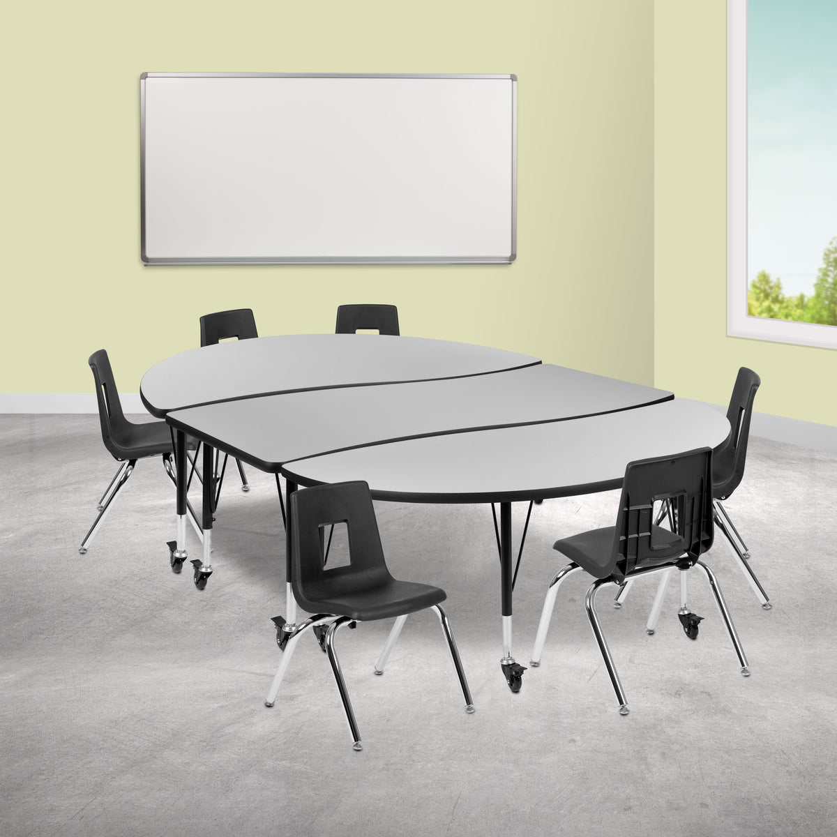 Flash Furniture XU-GRP-14CH-A3060CON-60-GY-T-P-CAS-GG Mobile 86" Oval Wave Activity Table Set-14" Student Stack Chairs, Grey/Black (Grey Top/Black Frame) - View 2