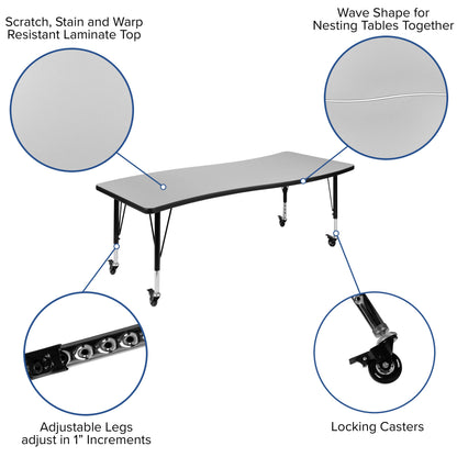 Flash Furniture XU-GRP-14CH-A3060CON-60-GY-T-P-CAS-GG Mobile 86" Oval Wave Activity Table Set-14" Student Stack Chairs, Grey/Black (Grey Top/Black Frame) - View 4