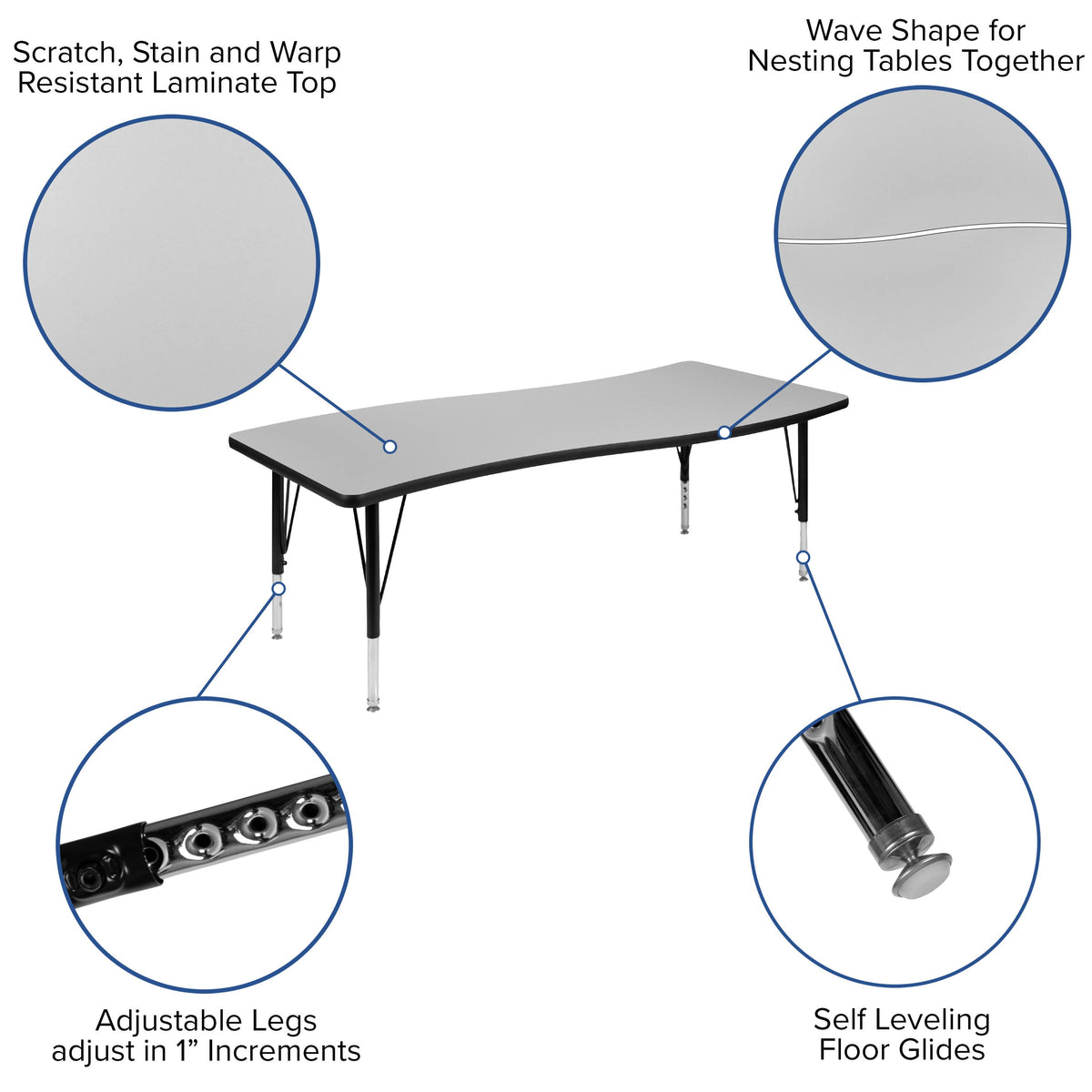 Flash Furniture XU-GRP-14CH-A3060CON-60-GY-T-P-GG 86" Oval Wave Activity Table Set with 14" Student Stack Chairs, Grey/Black (Grey Top/Black Frame) - View 4